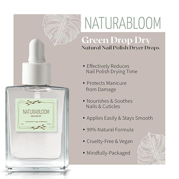 NATURABLOOM Green Drop Dry - Premium Nail Varnish Dryer - 99% Natural Nail Dryer for Normal Nail Varnish - Vegan Nail Polish Dryer - Top-Selection Almond Oil Based Nail Dryers for Nail Polish and Gel