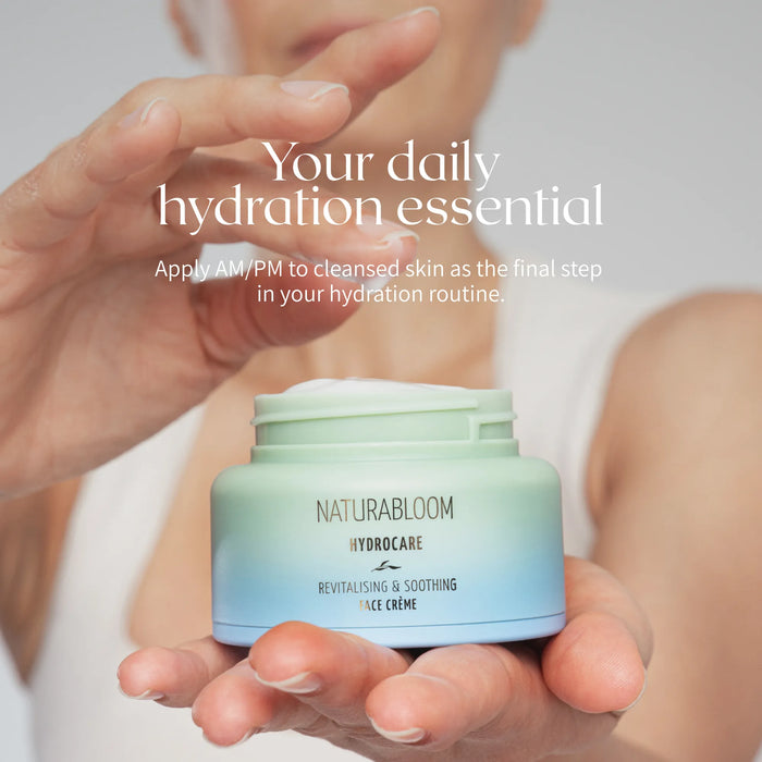 NATURABLOOM Hydrocare face cream jar held in hands, shown as daily skincare hydration routine