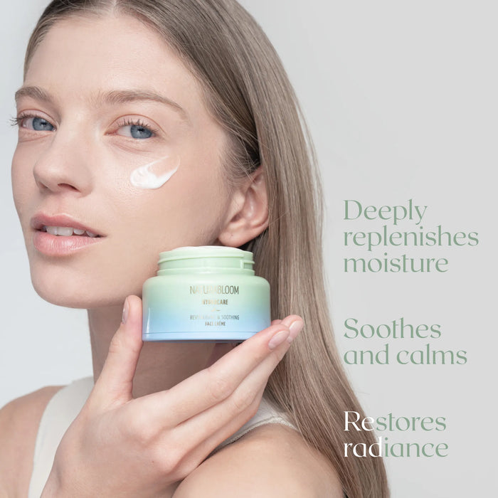 Woman applying hydrating face cream by NATURABLOOM for moisturised, radiant skin”