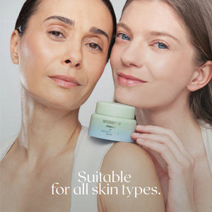 Two women with different skin types holding NATURABLOOM Hydrocare face cream for hydrated, healthy skin