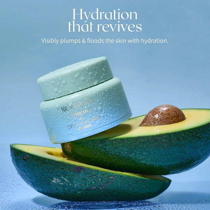 Hydrating face cream with avocado extract by NATURABLOOM with dewy water droplets