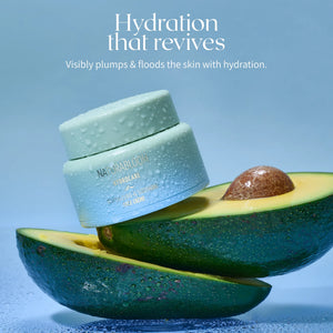 Hydrating face cream with avocado extract by NATURABLOOM with dewy water droplets
